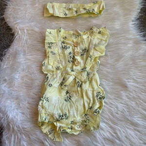 NWT! Baby girl light yellow floral romper with headband 12-24 months